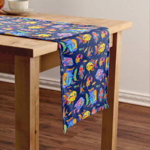 Fun tropical fishes on dark blue short table runner