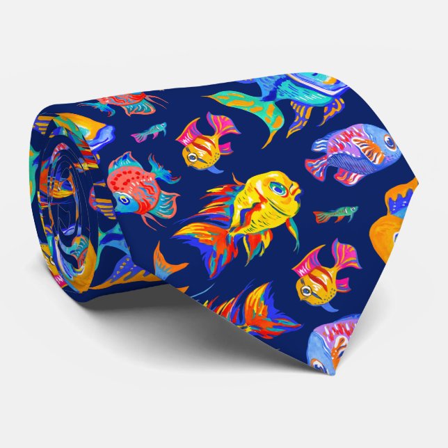 Fun tropical fishes on dark blue tie (Rolled)