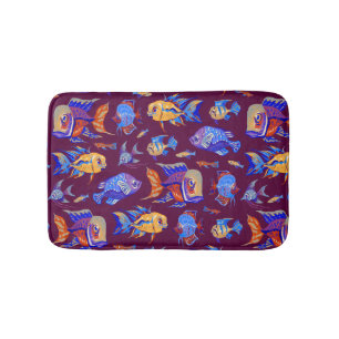 Fun tropical fishes on dark purple bath mat