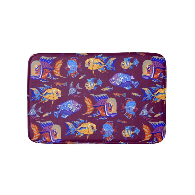 Fun tropical fishes on dark purple bath mat (Front)