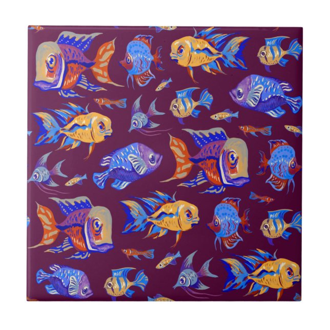 Fun tropical fishes on dark purple ceramic tile (Front)