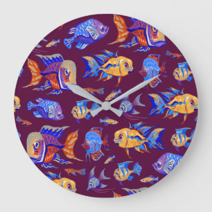 Fun tropical fishes on dark purple large clock