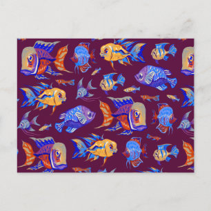 Fun tropical fishes on dark purple postcard