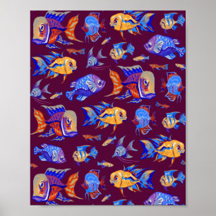 Fun tropical fishes on dark purple poster