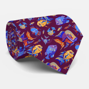 Fun tropical fishes on dark purple tie