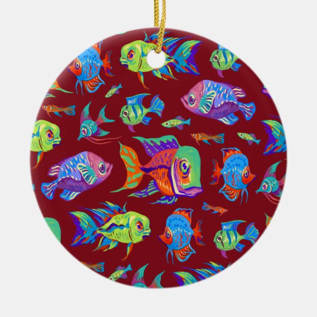 Fun tropical fishes on dark red ceramic ornament (Front)