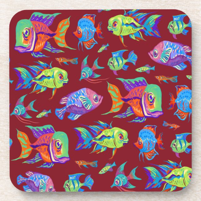 Fun tropical fishes on dark red coaster (Front)
