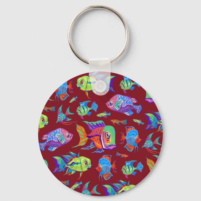 Fun tropical fishes on dark red key ring (Front)