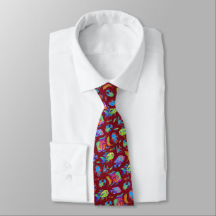 Fun tropical fishes on dark red tie