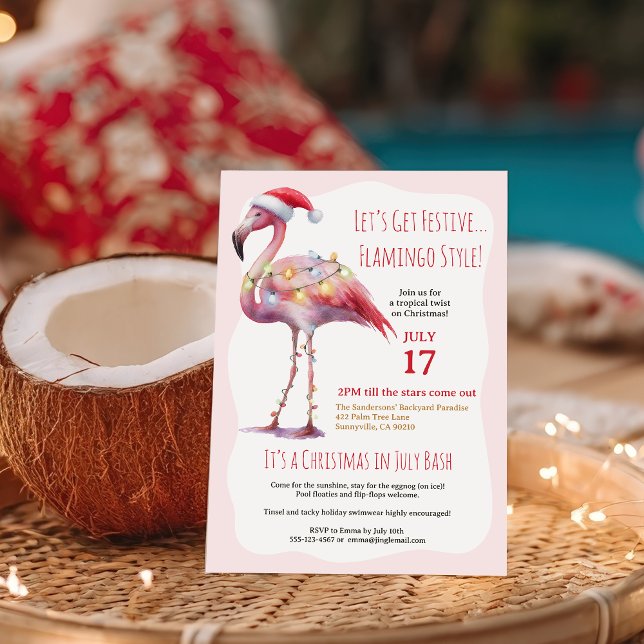 Fun Tropical Flamingo Christmas in July Party Invitation (Fun Tropical Flamingo Christmas in July Party Invitation)