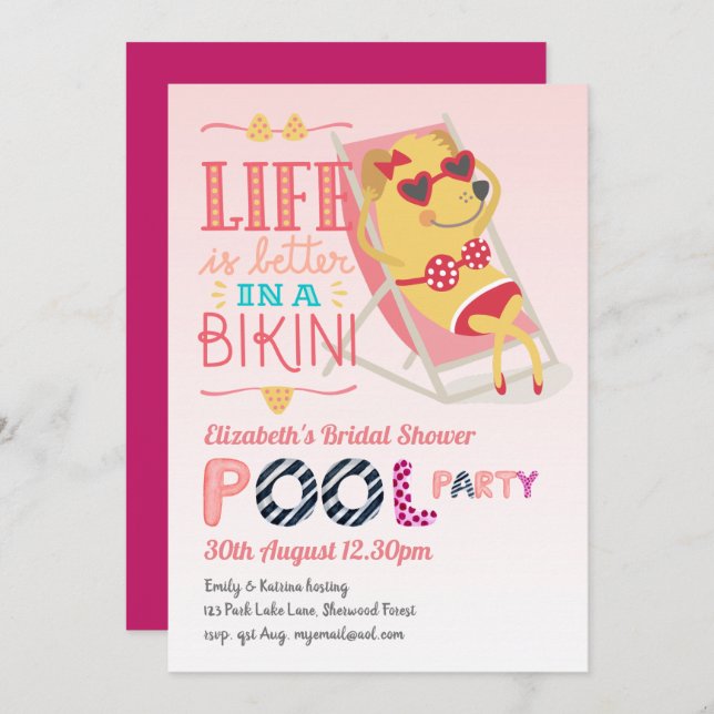 Fun Tropical Flamingo Pool Party Pink Blue Modern Invitation (Front/Back)