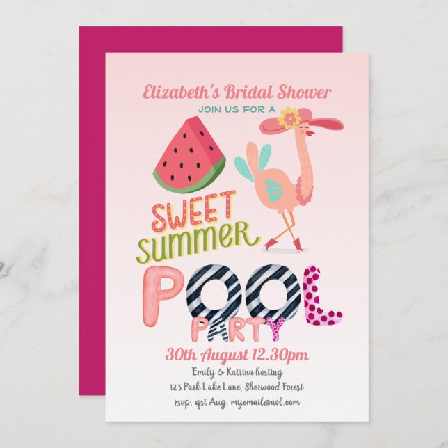 Fun Tropical Flamingo Pool Party Pink Blue Modern Invitation (Front/Back)