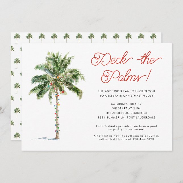 Fun Tropical Palm Tree Christmas in July Party Invitation (Front/Back)