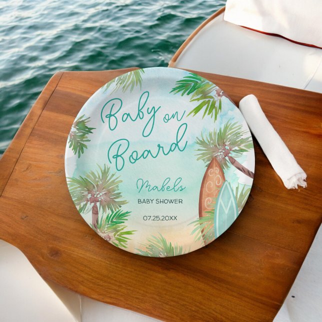 Fun Tropical palm trees beach baby on board shower Paper Plate (Fun Tropical palm trees beach baby on board shower Paper Plates)