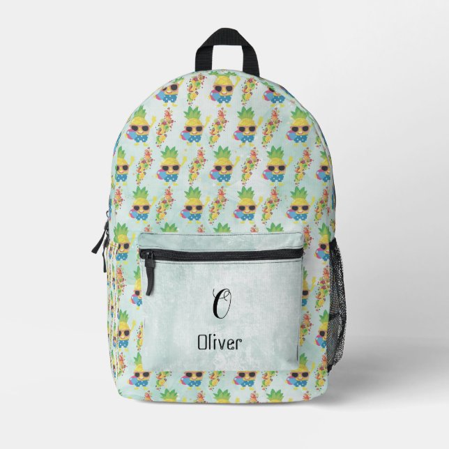 Fun Tropical Pattern with Custom Name & Monogram Printed Backpack (Front)