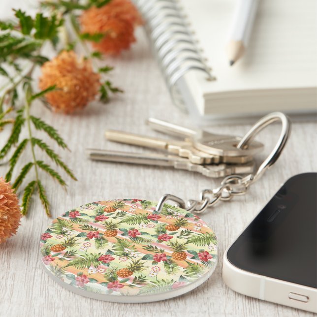 Fun Tropical Pineapple Fruit Floral Stripe Pattern Key Ring (Front Right)