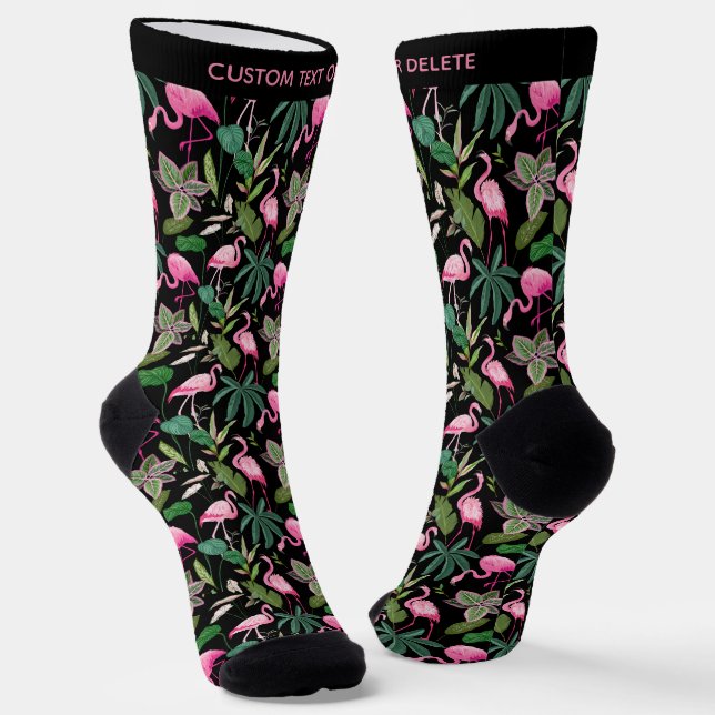 Fun Tropical Pink Flamingos Custom Text Black  Socks (Angled)