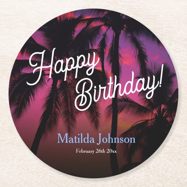Fun Tropical Sunset Luau Birthday Party Round Paper Coaster (Front)