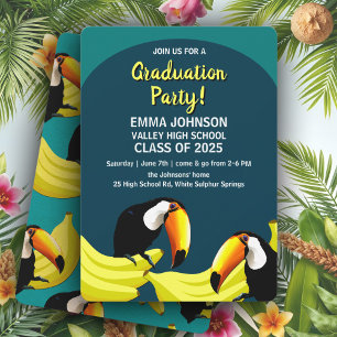 Fun Tropical Teal Bananas Toucans Graduation Party Invitation