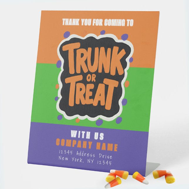 Fun Trunk or Treat Halloween Business Thank You Pedestal Sign (Halloween Trunk or Treat Standing Business QR Code Display Sign in Green, Orange, Purple)