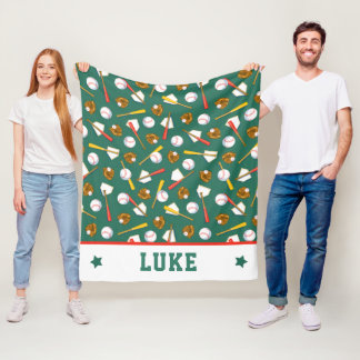 Fun Turf Green White Baseball Print Fleece Blanket