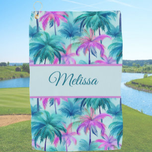 Fun turquoise and pink ladies tropical palm tree golf towel