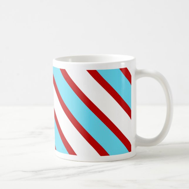 Fun Turquoise Blue Red and White Diagonal Stripes Coffee Mug (Right)
