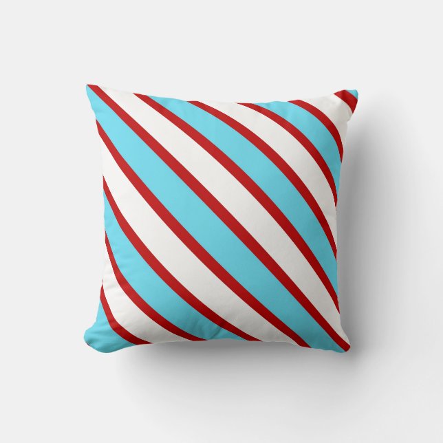 Fun Turquoise Blue Red and White Diagonal Stripes Cushion (Front)