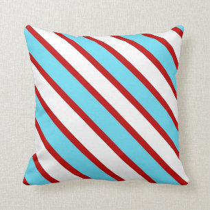 Fun Turquoise Blue Red and White Diagonal Stripes Cushion