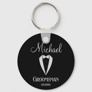 fun tuxedo with bow groomsman  black key ring