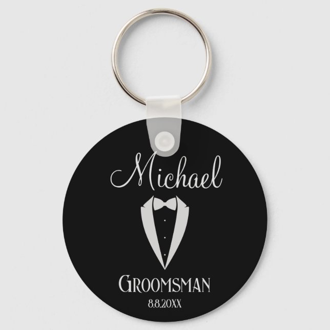 fun tuxedo with bow groomsman  black key ring (Front)