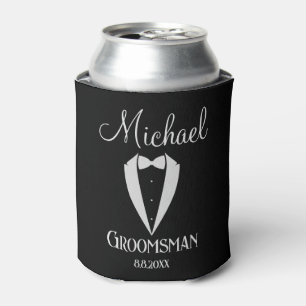 fun tuxedo with bow groomsman  black white stylish can cooler