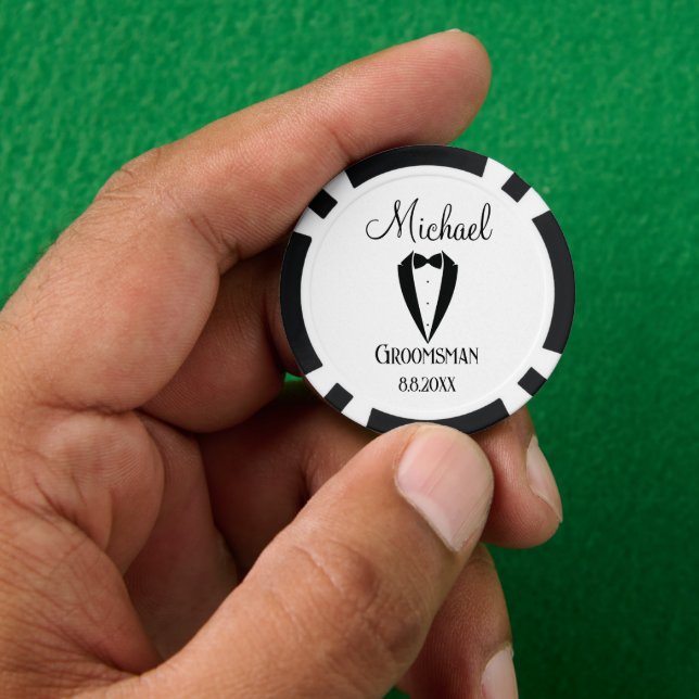 fun tuxedo with bow groomsman personalised chic poker chips (Hand)