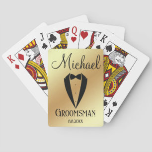 fun tuxedo with bow groomsman personalised gold playing cards