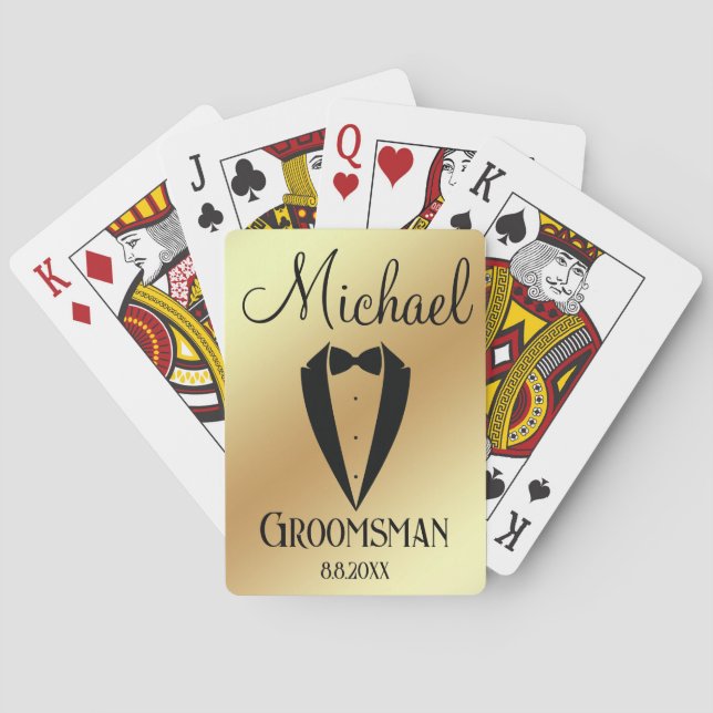 fun tuxedo with bow groomsman personalised gold playing cards (Back)
