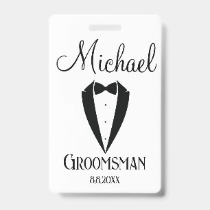 fun tuxedo with bow groomsman personalised modern ID badge