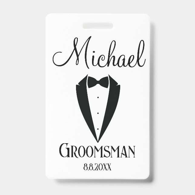 fun tuxedo with bow groomsman personalised modern ID badge (Front)
