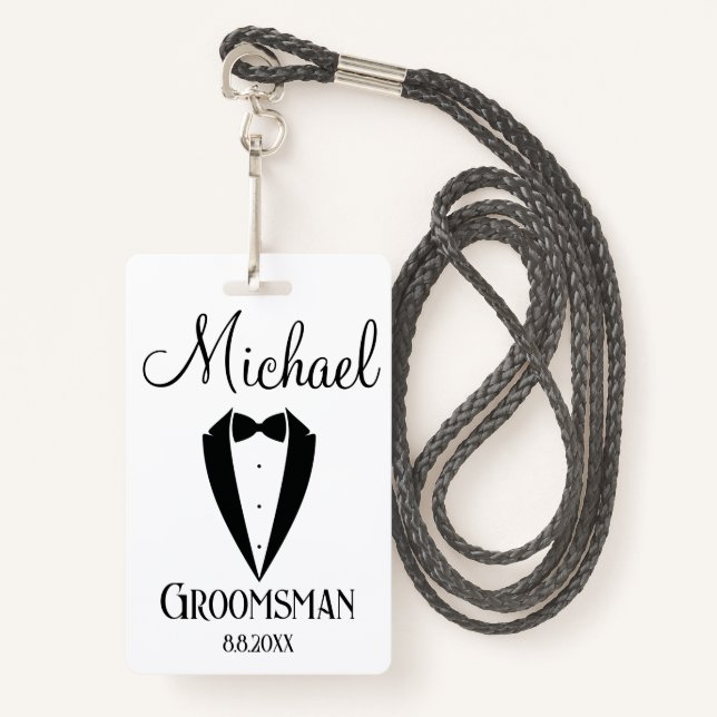 fun tuxedo with bow groomsman personalised modern ID badge (Front with Lanyard)
