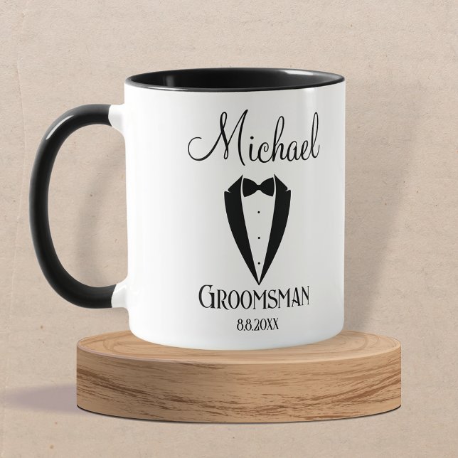 fun tuxedo with bow groomsman personalised  mug (Creator Uploaded)