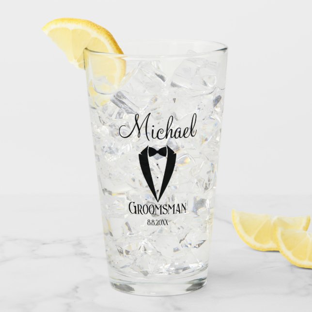 fun tuxedo with bow groomsman personalised trendy glass (Front Ice)