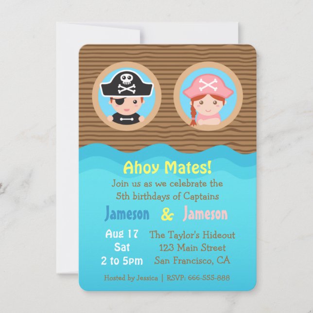 Fun Twins, Pirate Theme Birthday Party Invitation (Front)