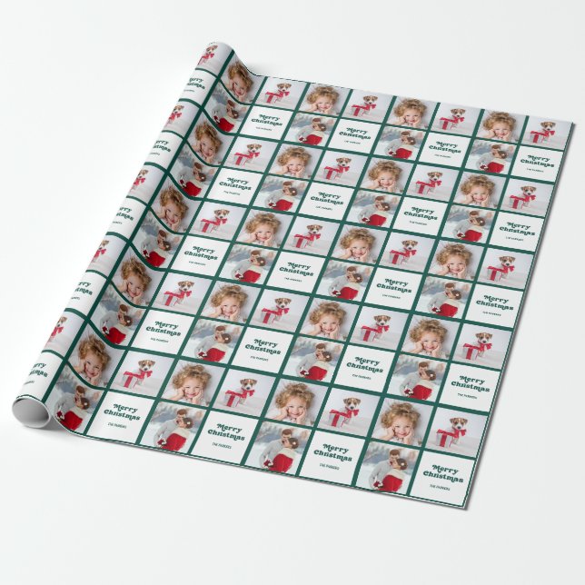 Fun Typography | Christmas Green and White Photo Wrapping Paper (Unrolled)