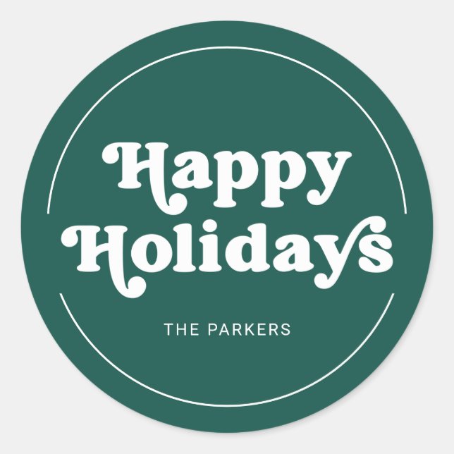 Fun Typography | Modern Green Happy Holidays Classic Round Sticker (Front)