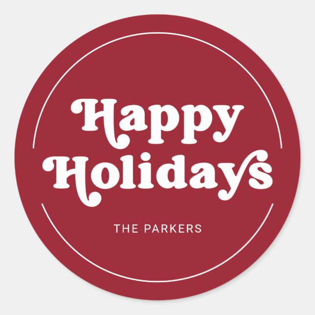 Fun Typography | Modern Red Happy Holidays Classic Round Sticker (Front)