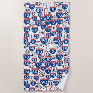 Fun U.S. Highway Signs and Map Random Pattern Beach Towel