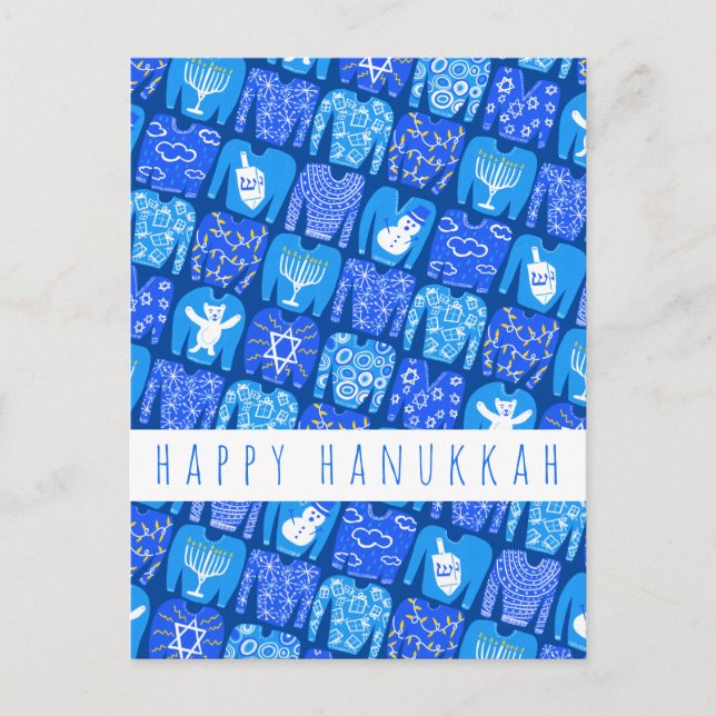 Fun Ugly Chanukah Sweaters Cute CUSTOM Holiday Postcard (Front)