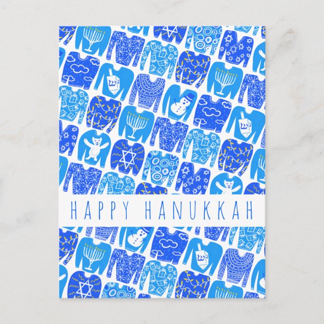 Fun Ugly Chanukah Sweaters Cute CUSTOM Holiday Postcard (Front)