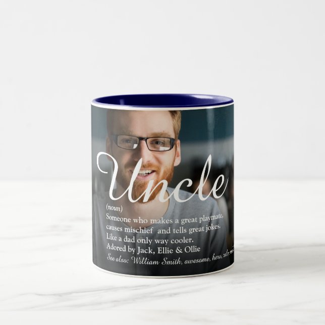 Fun Uncle, Funcle Definition Modern Script Photo Two-Tone Coffee Mug (Center)