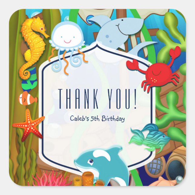 Fun under the sea kids birthday party favour square sticker (Front)