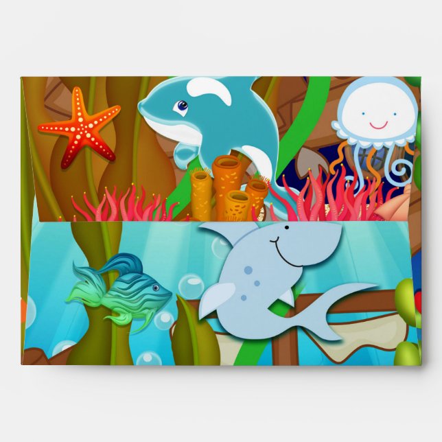Fun under the sea kids birthday party invitation envelope (Back (Top Flap))